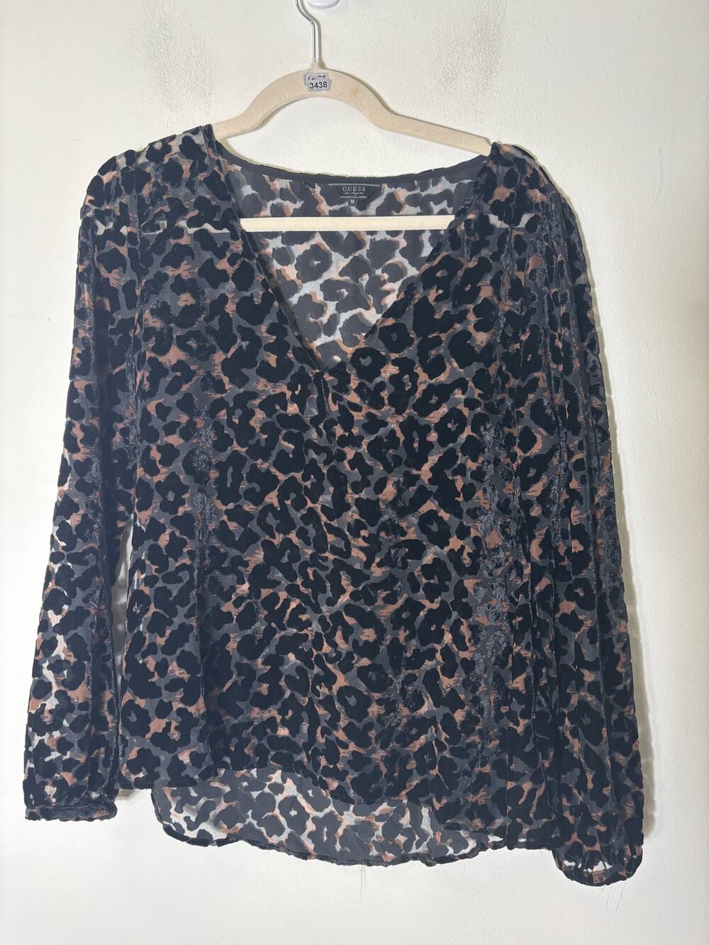 Guess Brown Black Cheetah Print Sheere Long Sleeve Shirt Sz M